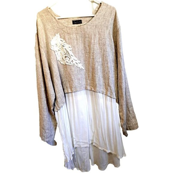Sarah Santos Women's 2XL Beige Linen Lagenlook Oversized Tunic Top Lace Applique - Picture 1 of 10